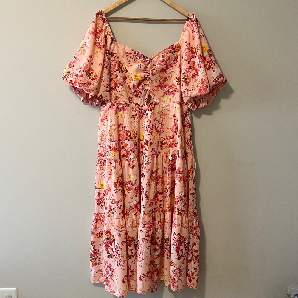 BTFBM Floral Tiered Midi Dress Cottagecore Pink XXL Smocked Puff Sleeve